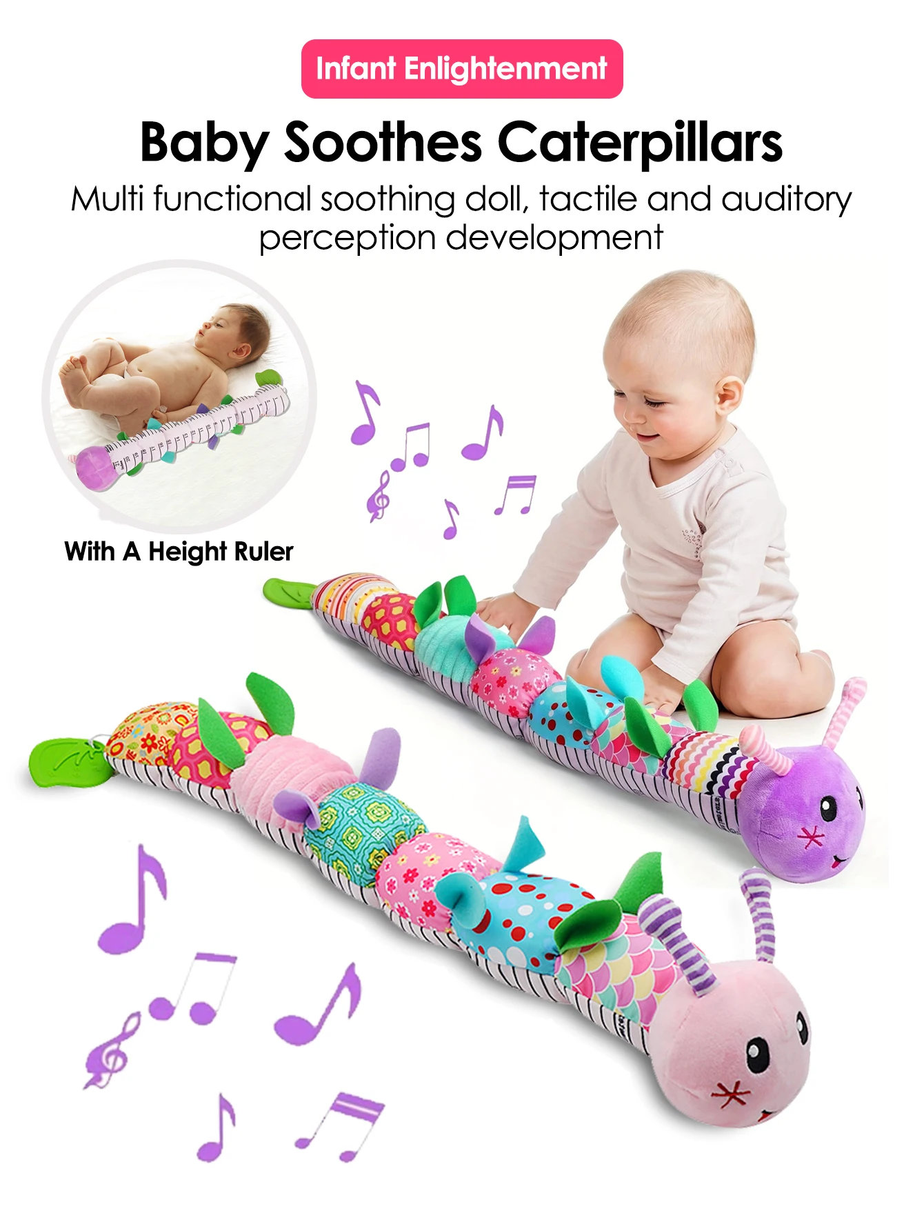 1 Baby Vine Music Caterpillar Worm Soft Baby Plush Toy Educational Interactive Sensory Toy