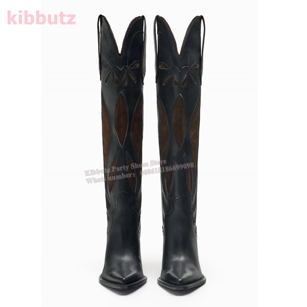 Velvet Genuine Leather Knee High Boots Patchwork Cowboy Pointed Toe Chunky Heel Slip-On Mixed Color Fashion Sexy Elegant Shoes