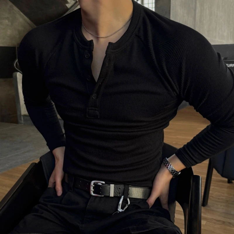 Men's Henley Long Sleeve T-Shirt Slim Fit Muscle Tee Ribbed Knit Button Casual Autumn Korean Style Base Layer Top