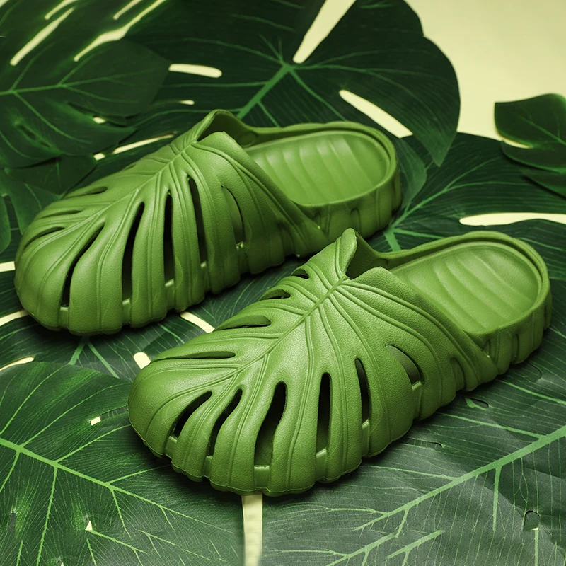 Monstera Deliciosa Slippers Women Men Sandal Beach Shoes Solid Hollow Out Summer Slippers Garden Shoes Non-Slip PU Hole Shoes