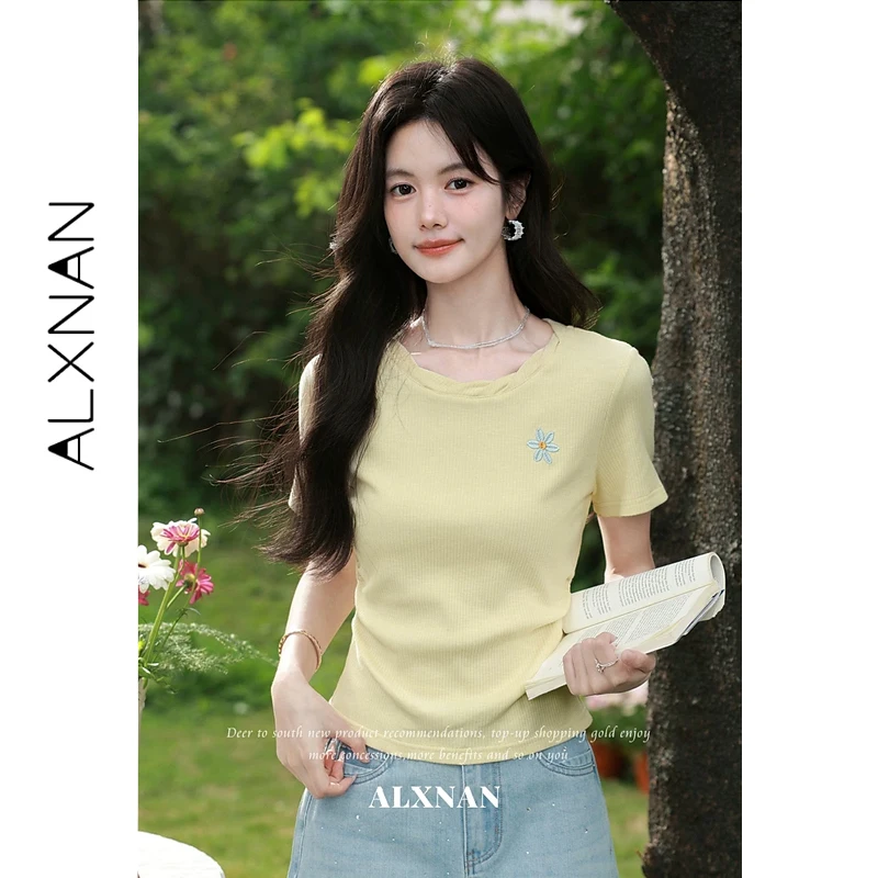 

ALXNAN Yellow T-shirt Irregular Round Neck Floral Embroidery Casual Short Sleeve Tees Women Summer Basic Female Clothing L65021
