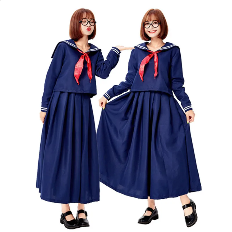 

Dark Blue College Wind Long Sleeve Pleated Skirt Navy Sailor Costumes Halloween Carnival Fantasia Party Fancy Dress