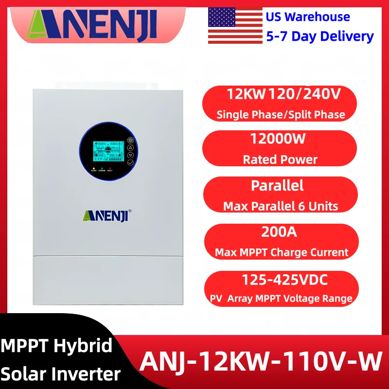 ANENJI 12KW 120V/240V Split Phase Hybrid Solar Inverter Built-in 200A MPPT Solar Charge Controller For 48V LiFePO4/Lead Acid Batteries