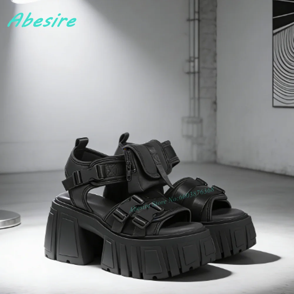 

Buckle Pocket Decoration Sandals Round Toe Platform Open Toe Hook and Loop Women's Sandals Cool Style Fashion Splicing Shoes