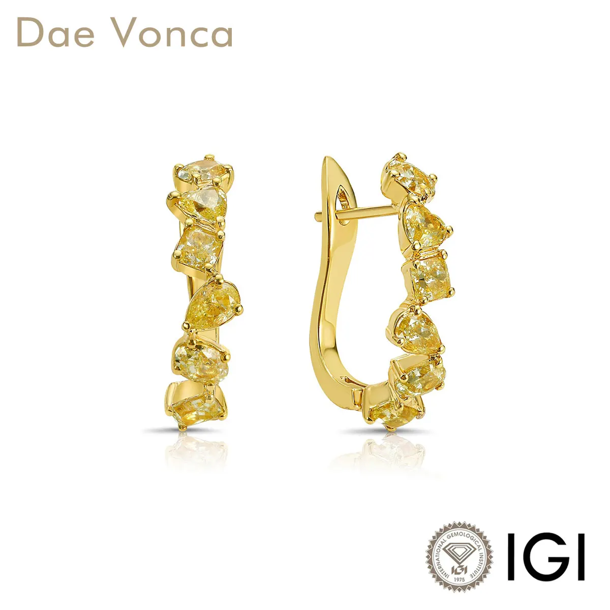 Yellow Diamond Hoop Earrings 9K/14K/18K Yellow Gold Fancy Intense Oval & Pear & Cushion Lab Grown Diamonds Cluster Set Earrings