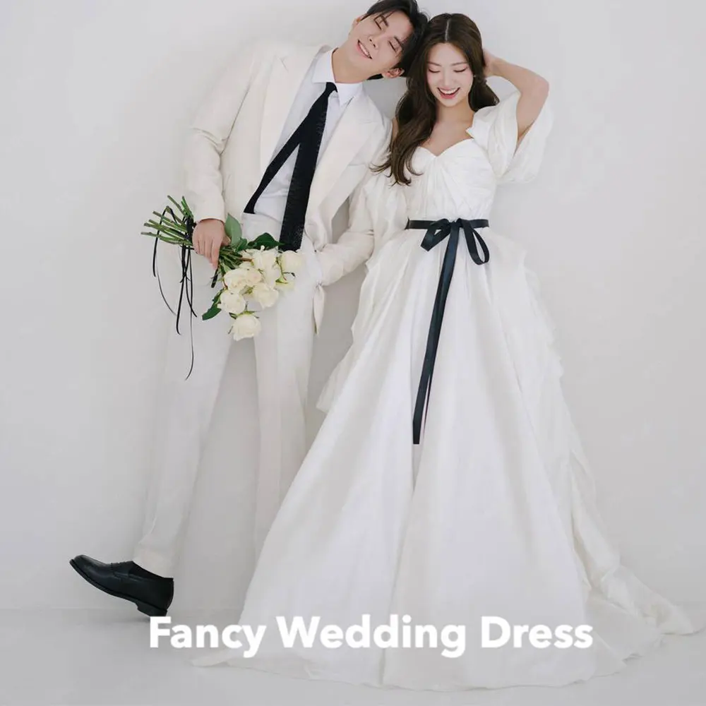 Fancy Simple Square Neck Korea Wedding Dress ID Photography A Line Puff Short Bridal Gown Floor Length Back Corset 웨딩드레스