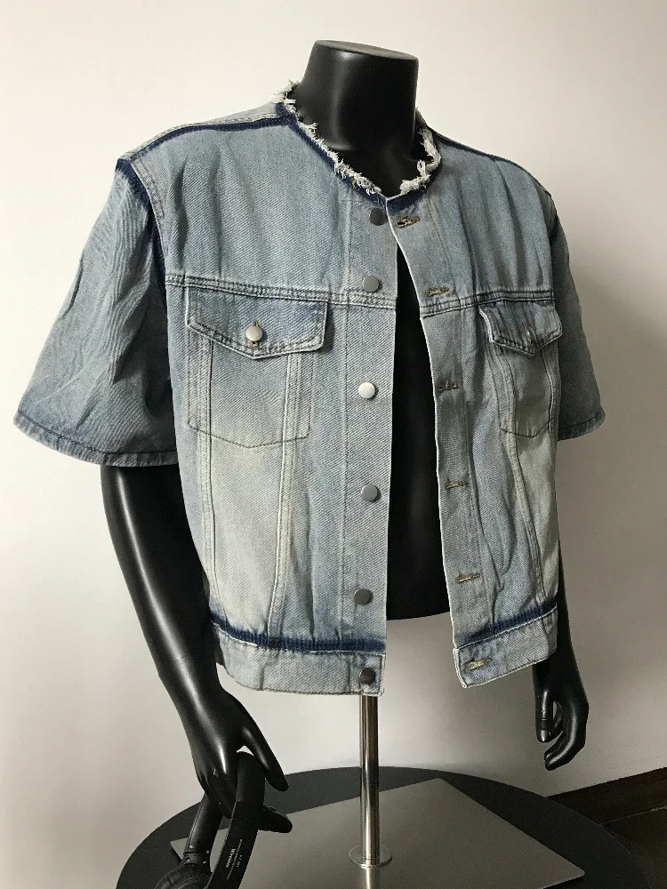 Vintage Cleanfit Denim Jacket Men Padded Shoulders Oversized Cropped Short Sleeve Casual Edgy Casual Coat Americana Street Top