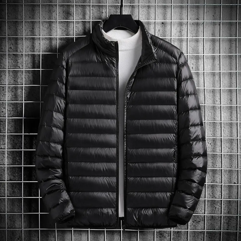 Men Cotton Coat Stand Collar Long Sleeve Zipper Closure Lightweight Jacket with Side Pockets Down Cotton Quilted Outwear