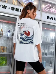 Basics Female Hoodie Japan Cherry Blossom Wave Sun T-Shirt Women Summer Top Hip Hop Cotton Streetwear Soft Casual Short Sleeve