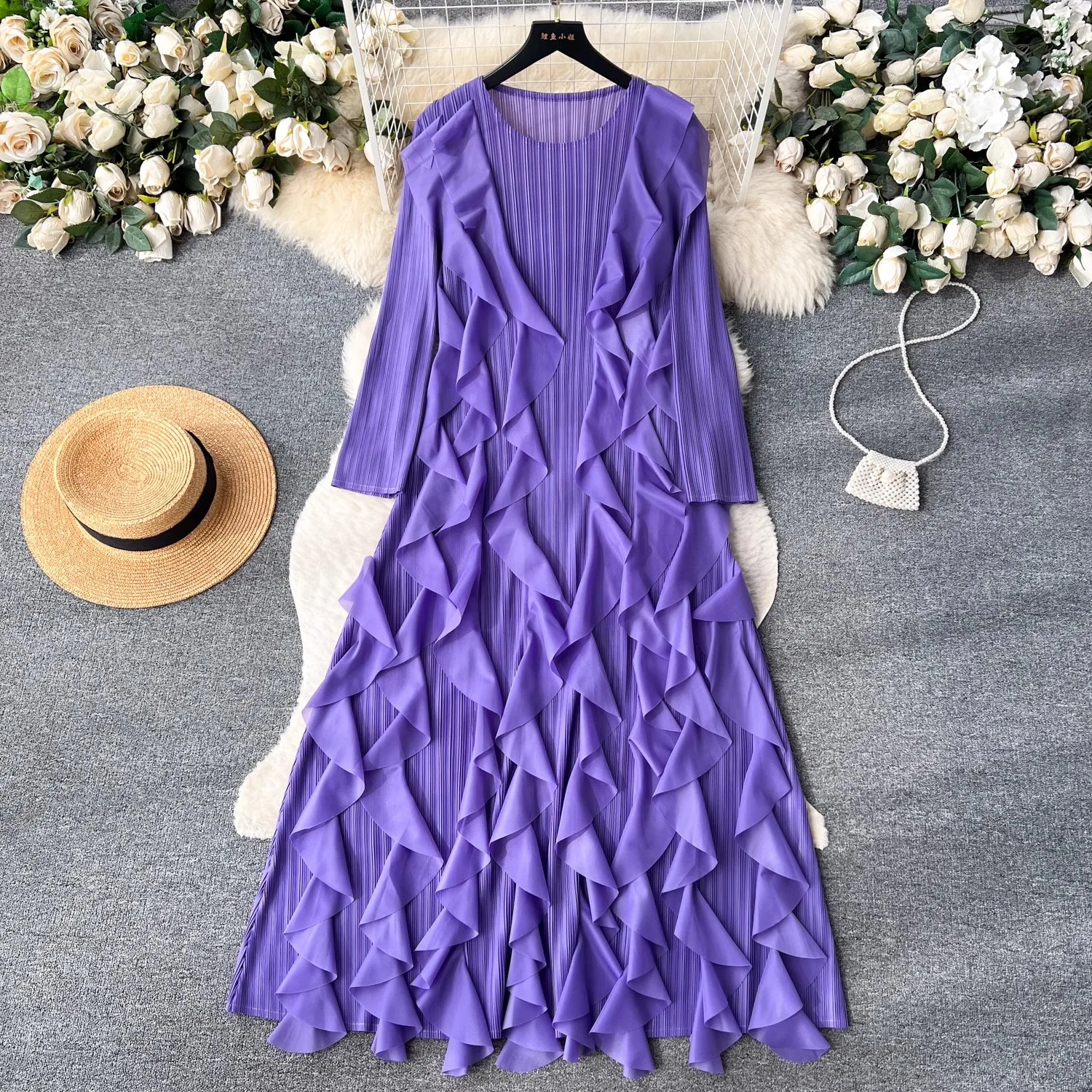 

Luxury 2024 New Women Pleated Fashion Dress O Neck Full Sleeve Spliced Ruffles Summer Evening Party Clothing Lady