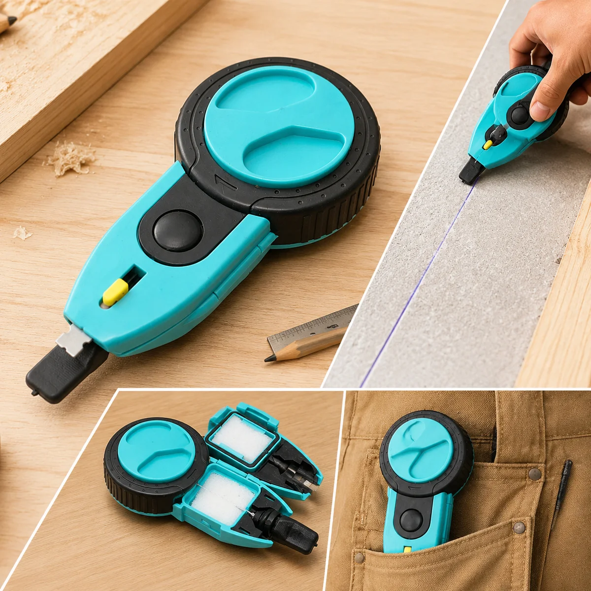 Manual Chalk Line Reel Marking Tool with Lockable Mechanism, Refillable Chalk Box for Woodworking Floor Wall Renovation