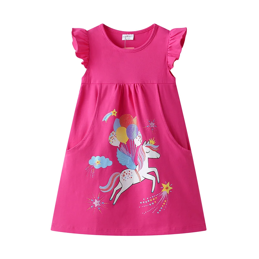 Girls Flutter Sleeve Summer Cotton Casual Dress Kids Balloon Unicorn Print Dress with Pockets Girl Soft Pink Straight Daily Wear