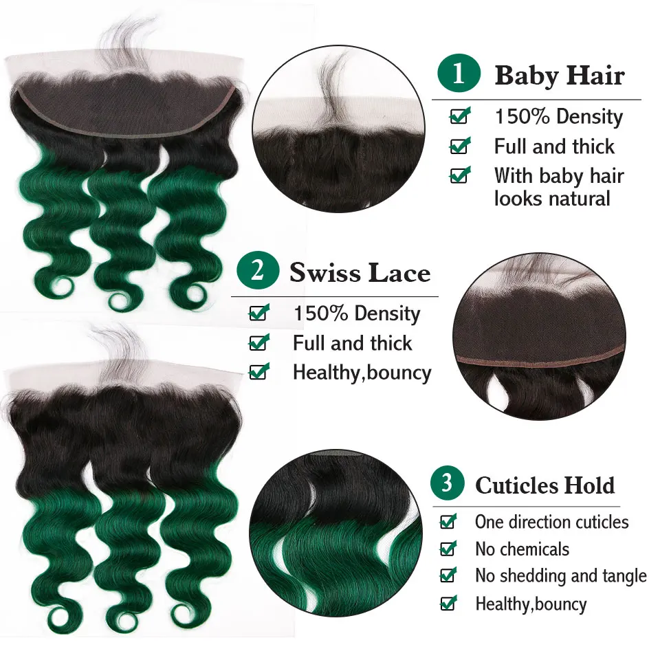 Ombre Green Bundles With Frontal Brazilian Body Wave Turquoise Color Human Hair Weave 3 Pcs With 13x4 Transaparent Lace Frontal