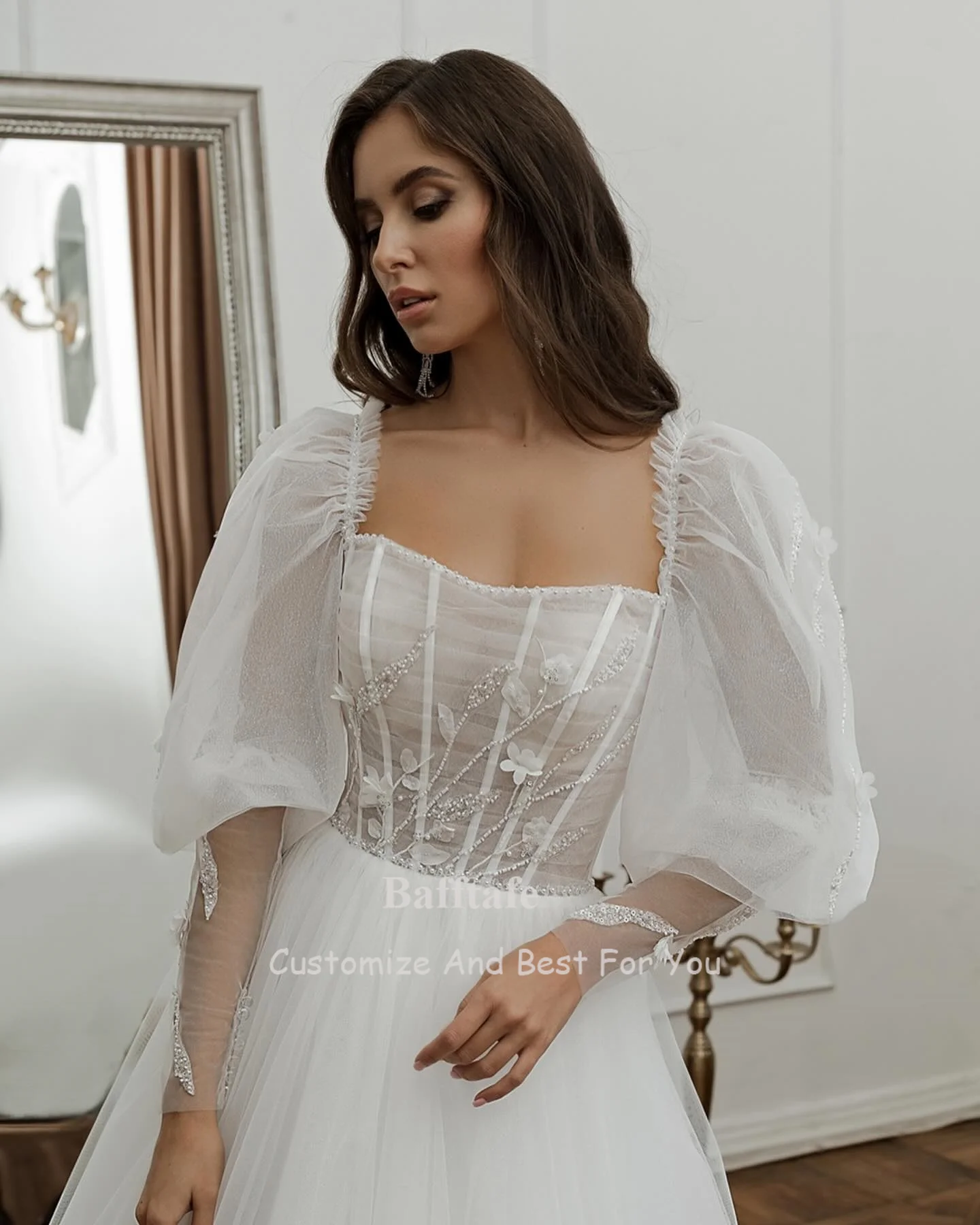 Bafftafe Long Sleeves Tulle Boho Wedding Dresses For Bride Sequines Flowers Lace Up Corset Wedding Gowns Formal Party Dress 2024