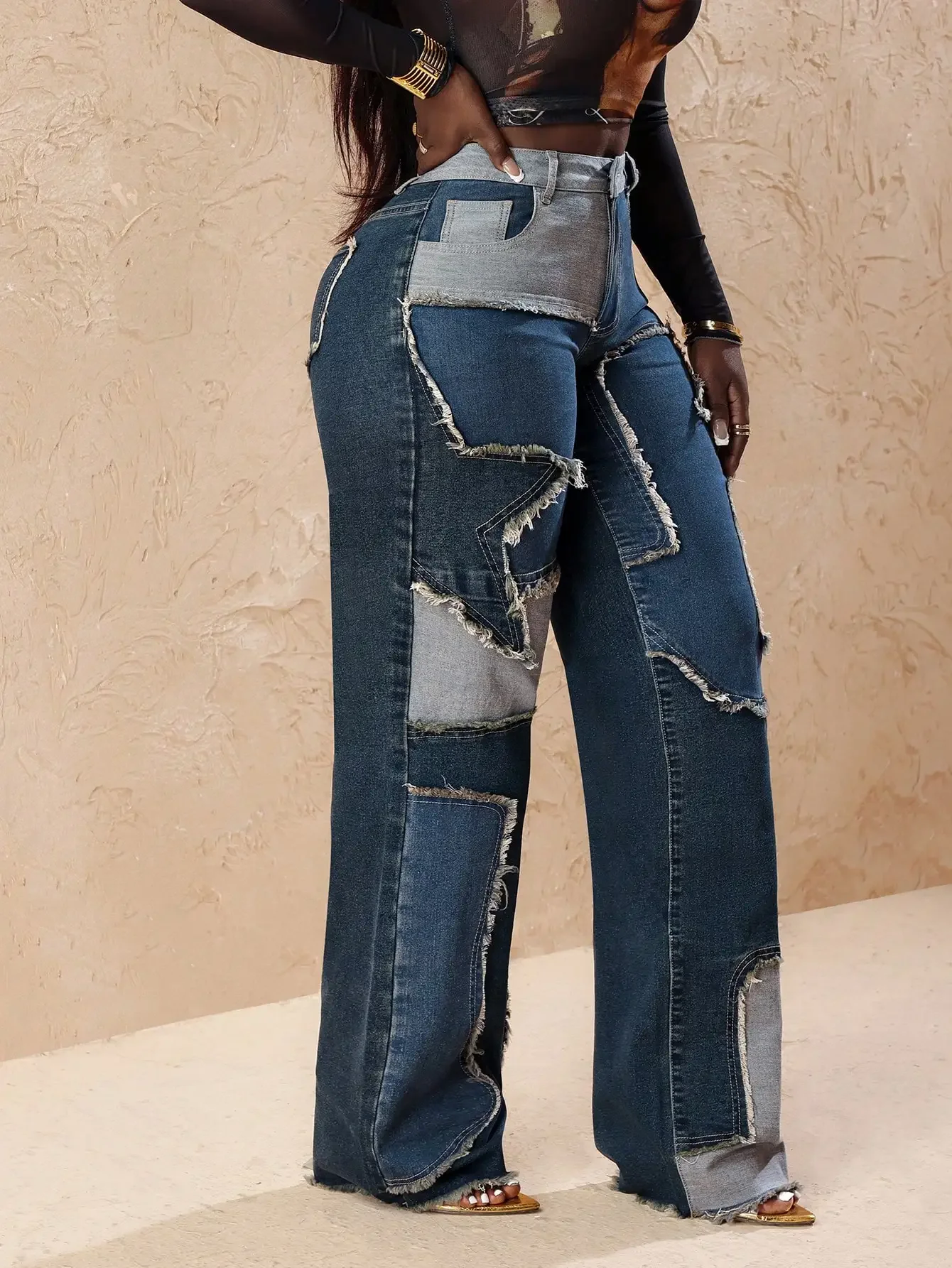 

Women's Patchwork Star Design Frayed Hem Wide-Leg Denim Jeans