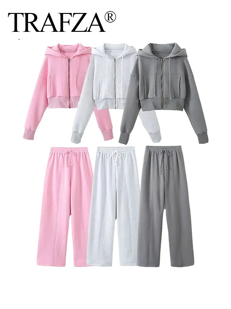 TRAFZA 2024 Female Street Casual Solid Suit Hooded With Pockets Zipper Cropped Hoodie+Elastic Waist Straight Pants Elegant Set