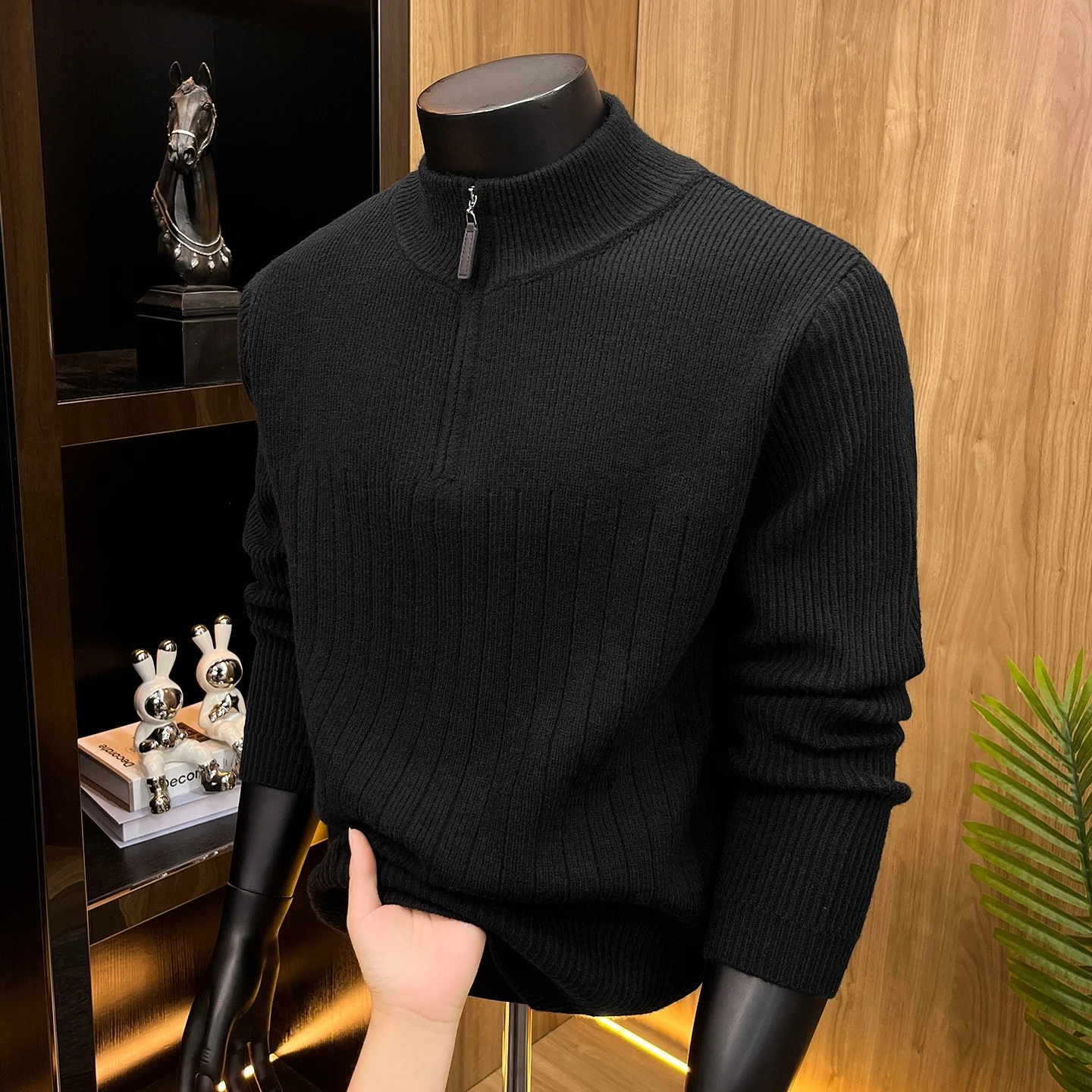 Luxury knitted solid color sweater fashion half zipper pullover new casual autumn winter comfort half high neck men's clothing