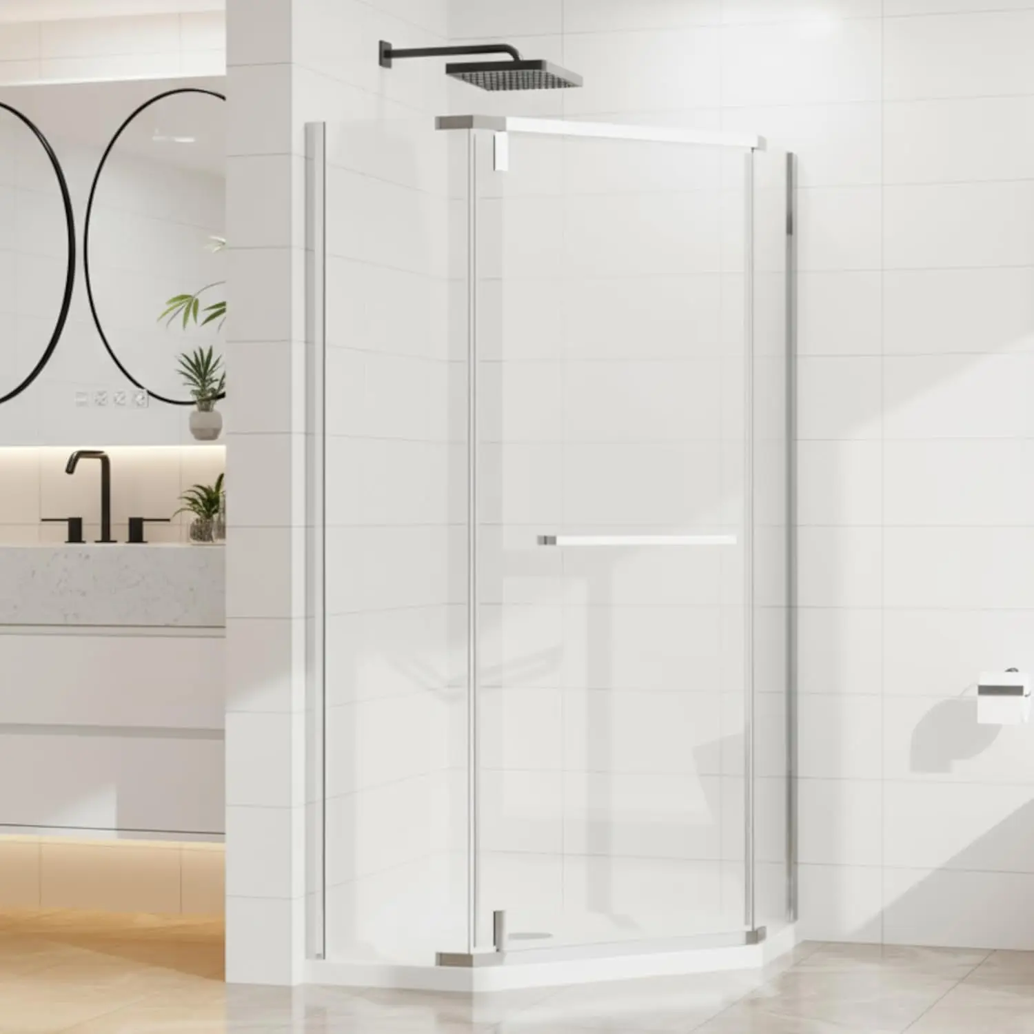 

Угловая душевая кабина Neo-Angle, прозрачное закаленное стекло, 91 см (Ш) x 91 см (Г) x 183 см (В), безрамная дверь с поворотным механизмом, на заказ