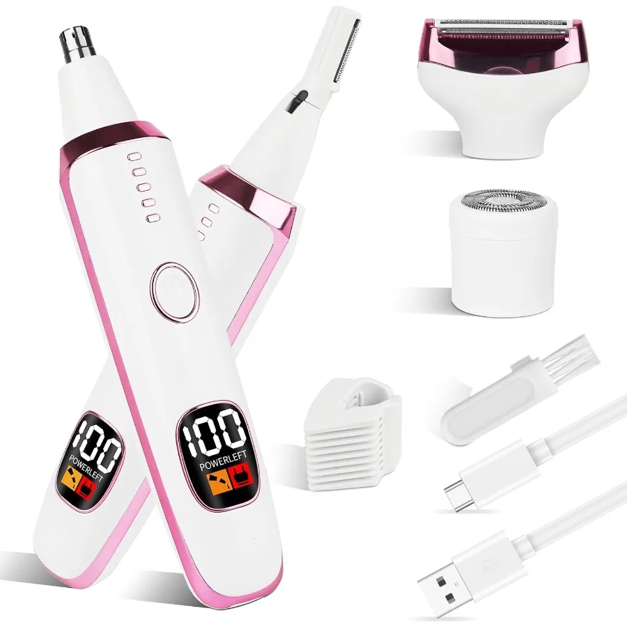 2025 Rechargeable Nose and Ear Hair Trimmer with LED Dispaly for Women Men4 in 1 Painless Eyebrow Facial Hair Trimmer with Powe