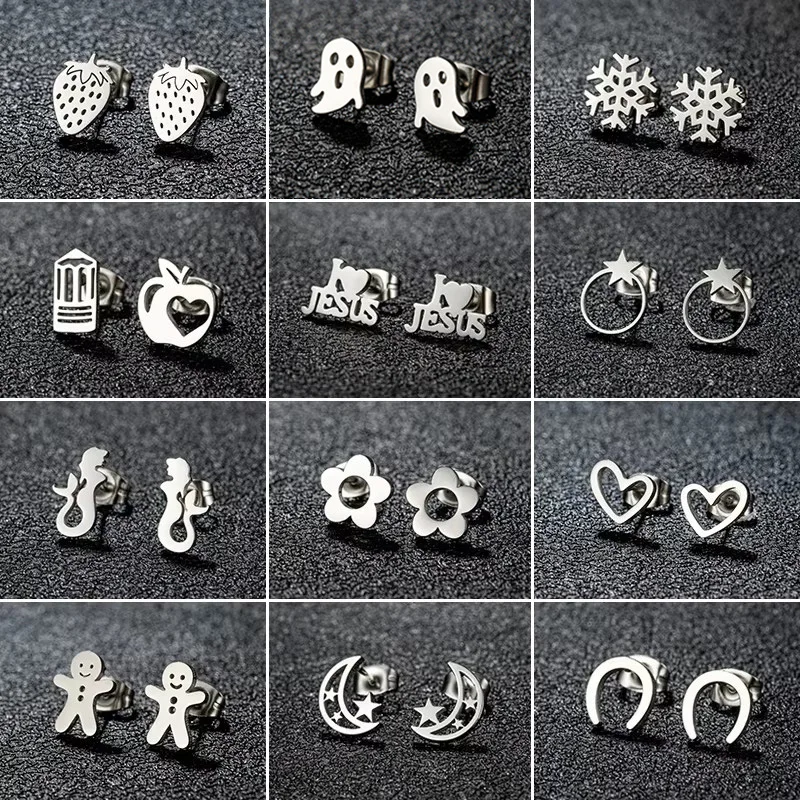Geometric Stainless Steel Piercing Earrings Women Minimalist Strawberry Snowflake Jesus Clown Earings U Shaped Studs Xmas Gifts