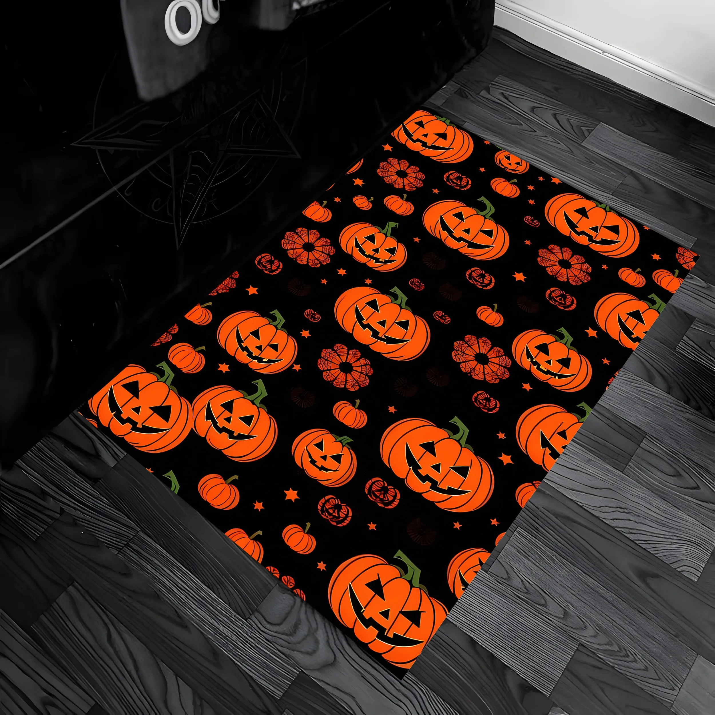 Velvet Cartoon Pumpkin Black Cat Ghost Fun Halloween 2D Rug for Living Room and Bedroom, Warm