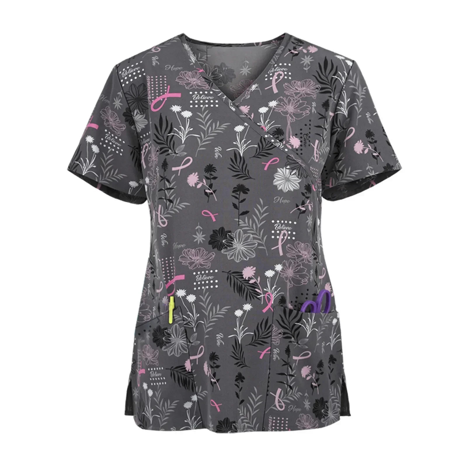 2024 Short Sleeve Fashion Casual Slim Top Spring and Summer New Women's Printed Pullover Nurse Uniform