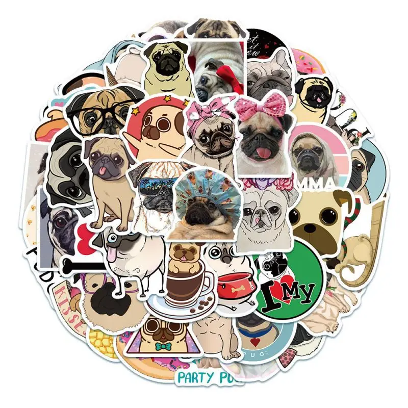 10/30/50PCS Fashion Cute Pug Sticker Pack Skateboard Decoration DIY Mobile Phone Computer Luggage PVC Graffiti Decal Wholesale