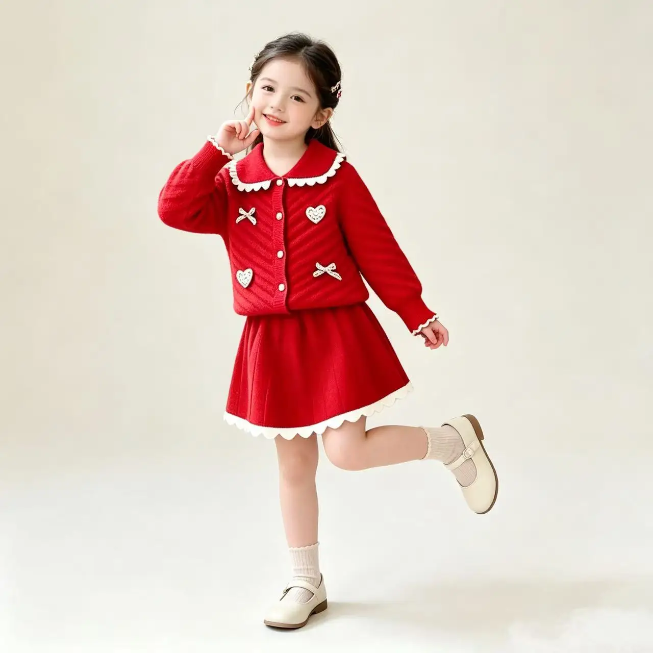 Girls' Sweater Set Autumn/Winter New Korean Baby Girl Solid Color Small Bow Fashion Short Skirt Two Piece Set