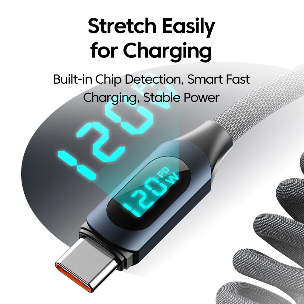 6A/120W Fast Charging Car Spring Data Cable Digital Display USB A To Type C Cable For iPhone 16 15 Samsung Phone USB C Cable