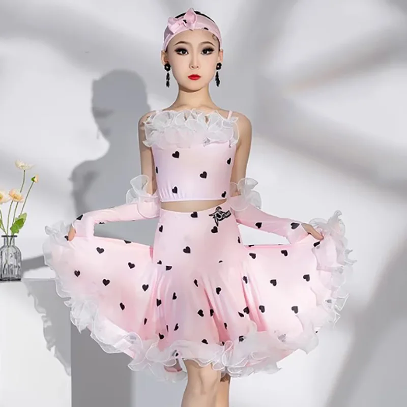 

Children Love Print Latin Dance Dress Girls Kids Summer Sleeveless Backless Competition Dancewear Training Performance Costume