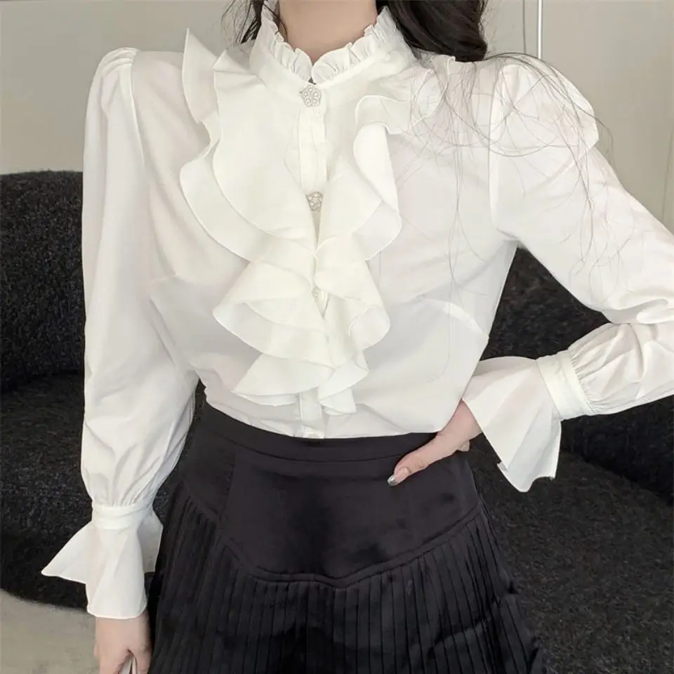 Women Blouse High Street Tops Korean Fashion Vintage Stand Collar Loose Long Sleeve Blouses Shirts Blusas Mujer White Shirt E139