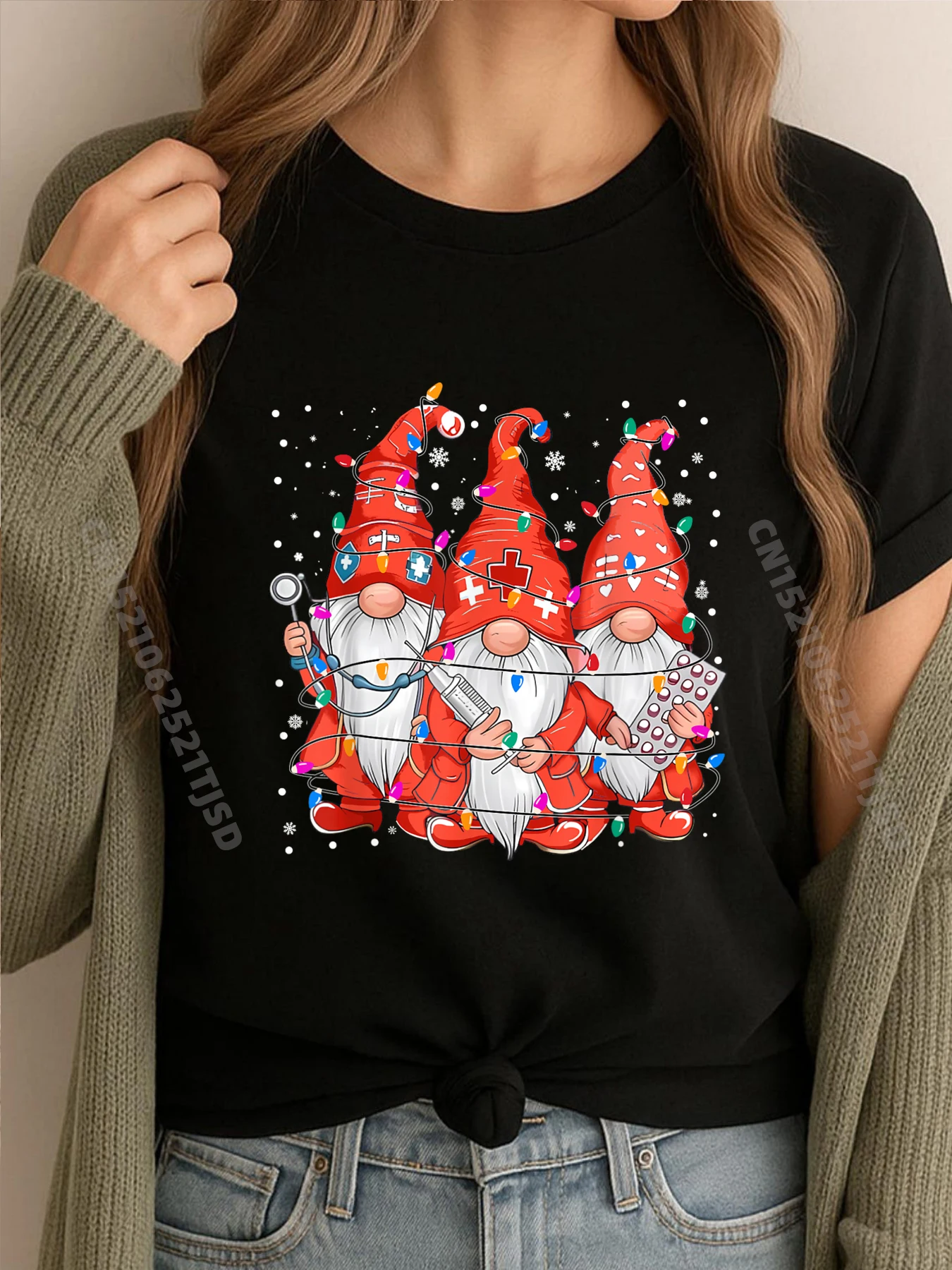 Funny Christmas Lights Gnomes Cute Scrub Gnome Nurses Anime T Shirts T-Shirt WashedT Shirt Washed Vaporwave