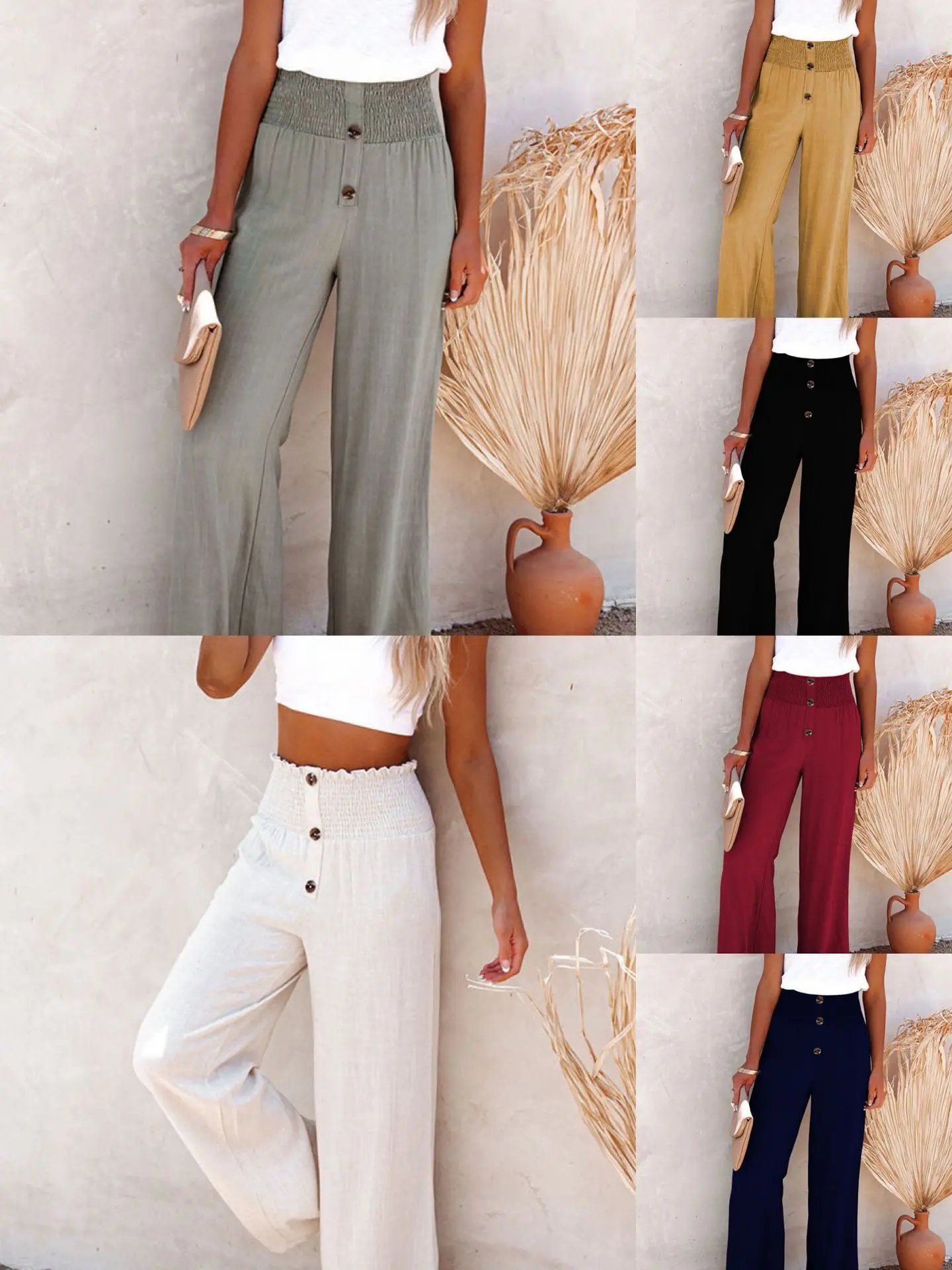 2024 Summer Hot selling Solid color trousers women Waist Art Design loose all-match Female Wide leg pants leisure style