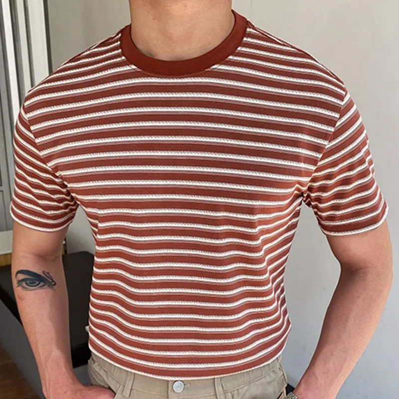 Men's Luxury Fashion Spring/Summer New Knitwear Thin Breathable Red Pullover Stripe Woolen Short Sleeve T-shirt Trendy Top