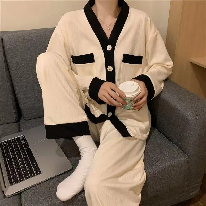 الربيع والخريف اللون مطابقة طالب الكرتون عادية 2 قطعة مجموعة الملابس النسائية مثير بيجامة الحلو المنزل دعوى بنطلون مجموعات #1