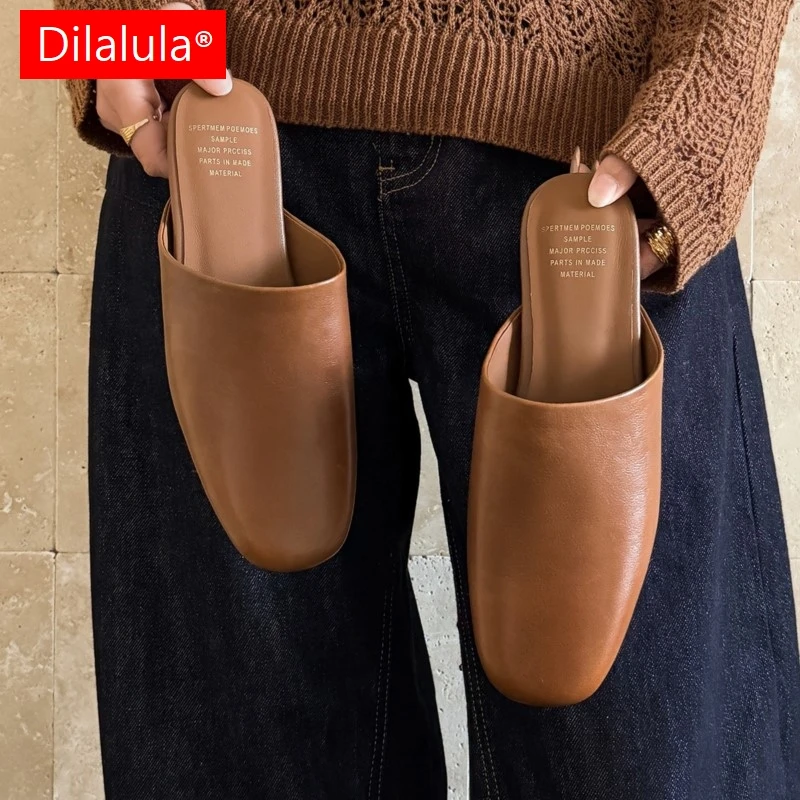 

Dilalula 2026 Summer Natural Leather Mules Women Low Wedges Heels Covered Toe Leisure Slippers Female Retro Walk Shoes Vacation