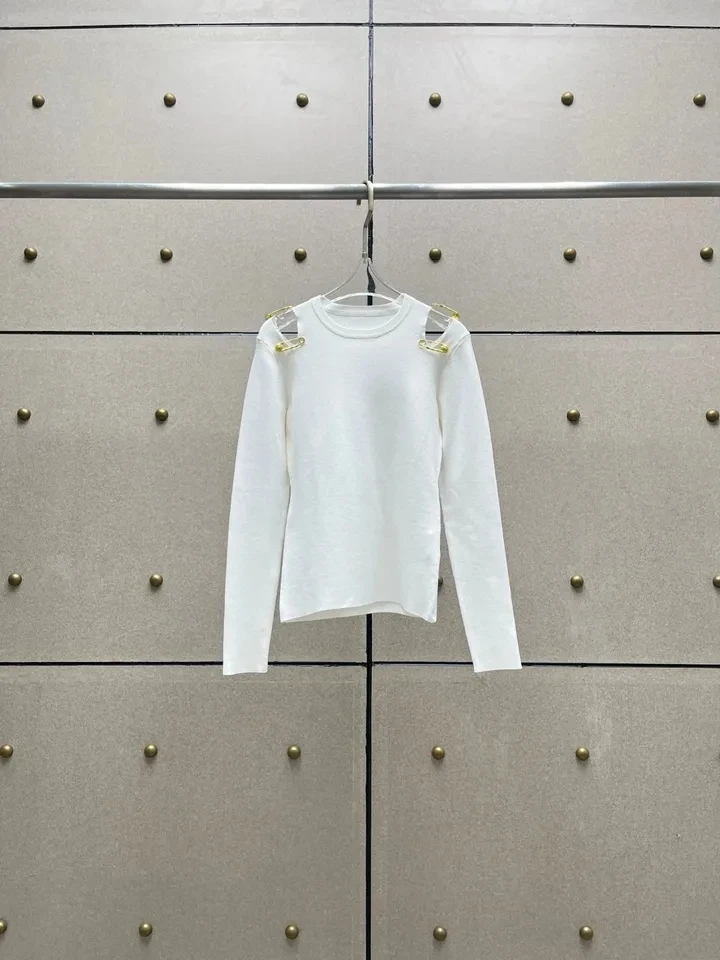 2024 Spring Luxury Fashion New Women Off Shoulder White Slim Knitted Sweater Jumper for Lady