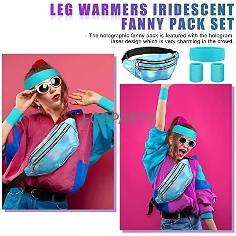 Jaren '80 Vrouwen Neon Beenwarmers Set Holografisch Heuptasje Gebreide Beenwarmers Hoofdband Polsbandjes voor Yoga Hardlopen Wandelen Reizen