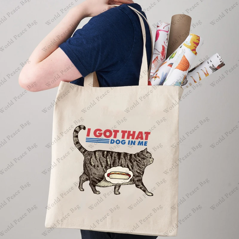 1pc Grocery Time Funny Cat Meme patternTote Bag Canvas Shoulder Bag For Travel Daily Commute Women\'s Reusable Shopping Bag