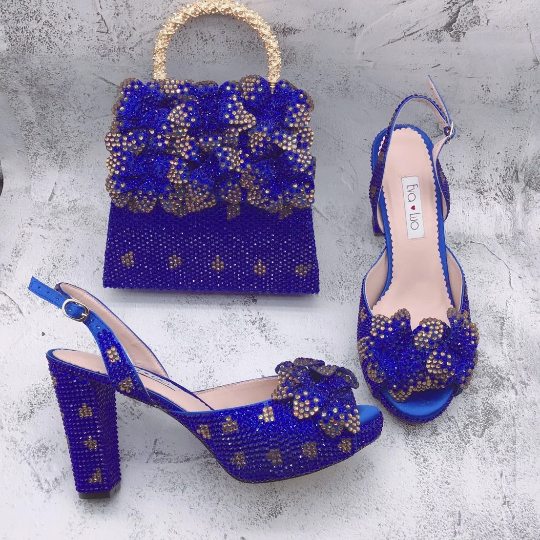 

BS1757 Красочный на заказ королевский синий золотой горный хрусталь цветок африканская итальянская обувь и сумка комплект для дня рождения, свадьбы