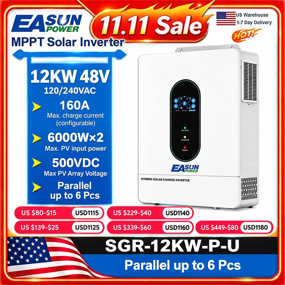 EASUN POWER 12KW 12000W Hybrid Soalr Inverter MPPT160A 500VDC PV Input 110VAC 48VDC Pure Sine Wave hybrid dual output 120V/220V parallel solar charging control for US