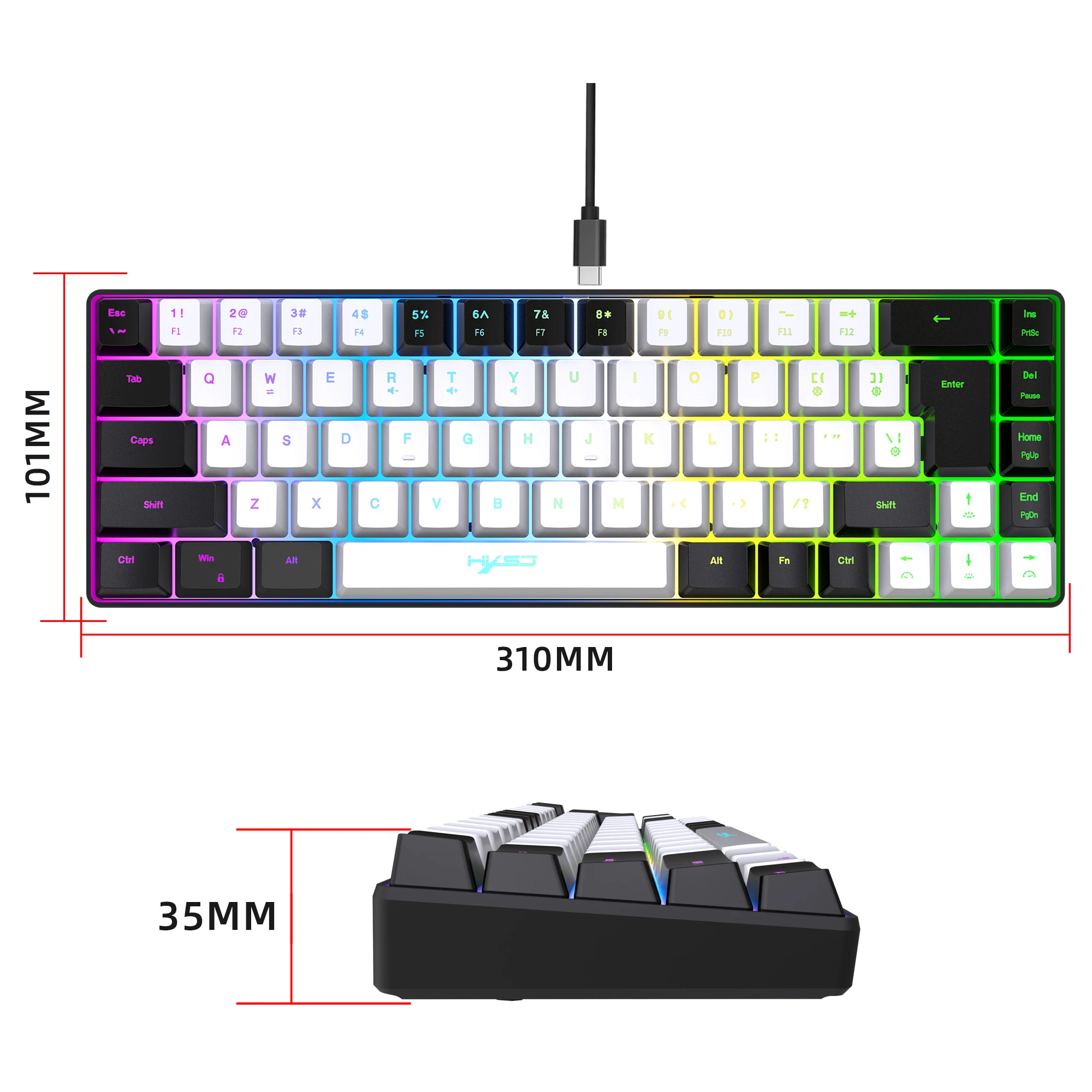 68 Keys Gaming Keyboard USB Wired Portable 20 RGB Backlight Keyboard Black and White Keycaps for Windows Laptops Computer