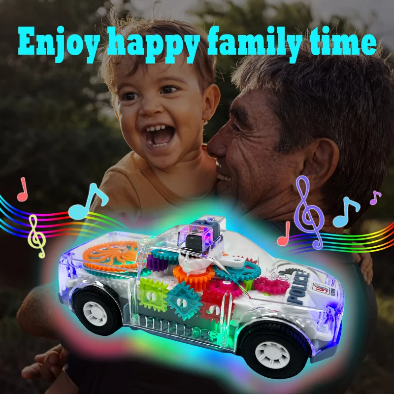 Transparent Electric Gear Toy Car，With color-changing lights and music，Automatic Obstacle Avoidance，SecurityABSMaterial，Battery