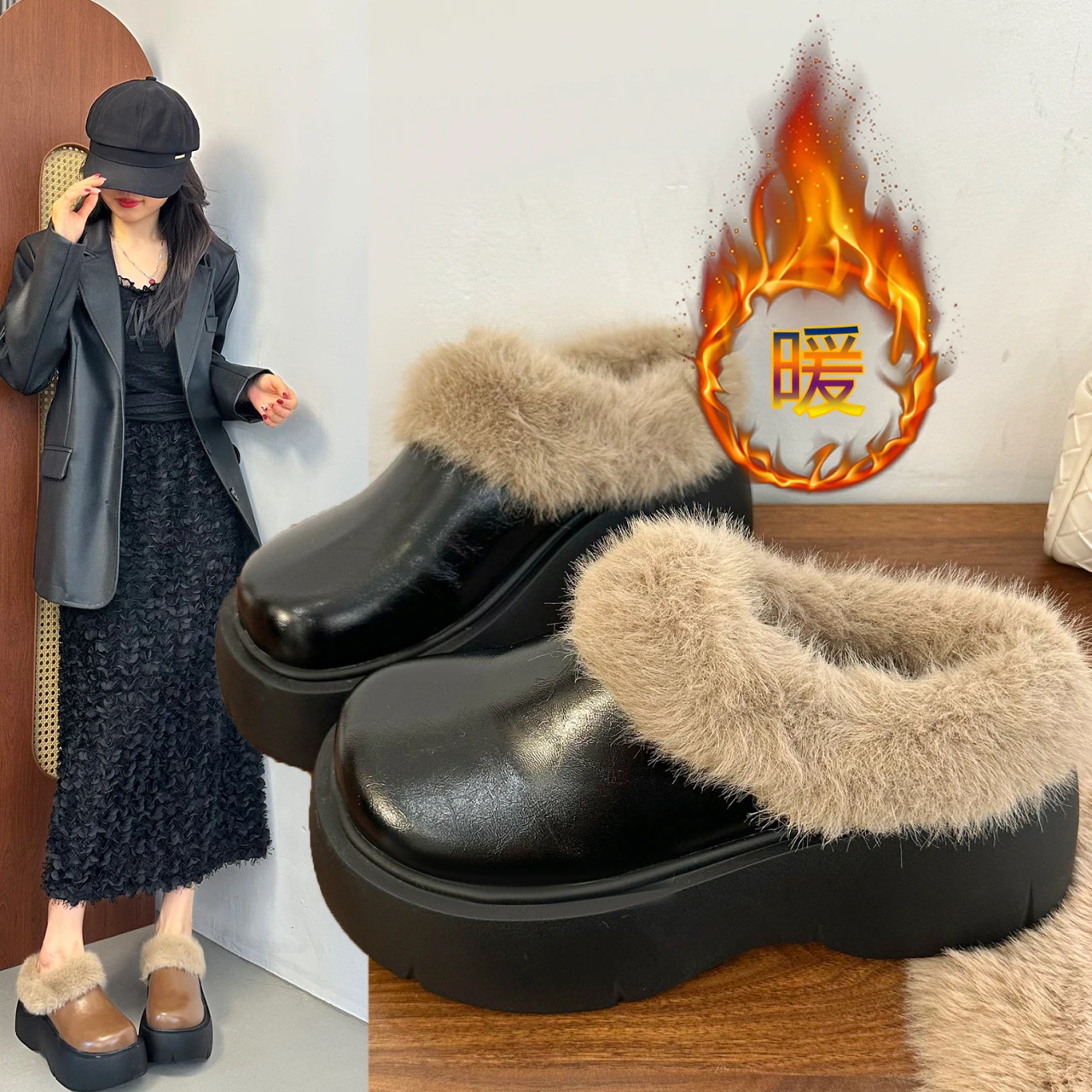 

Женские зимние тапочки на платформе с мехом: теплые сапоги для снега на флисовой подкладке и хлопковые туфли на толстой подошве