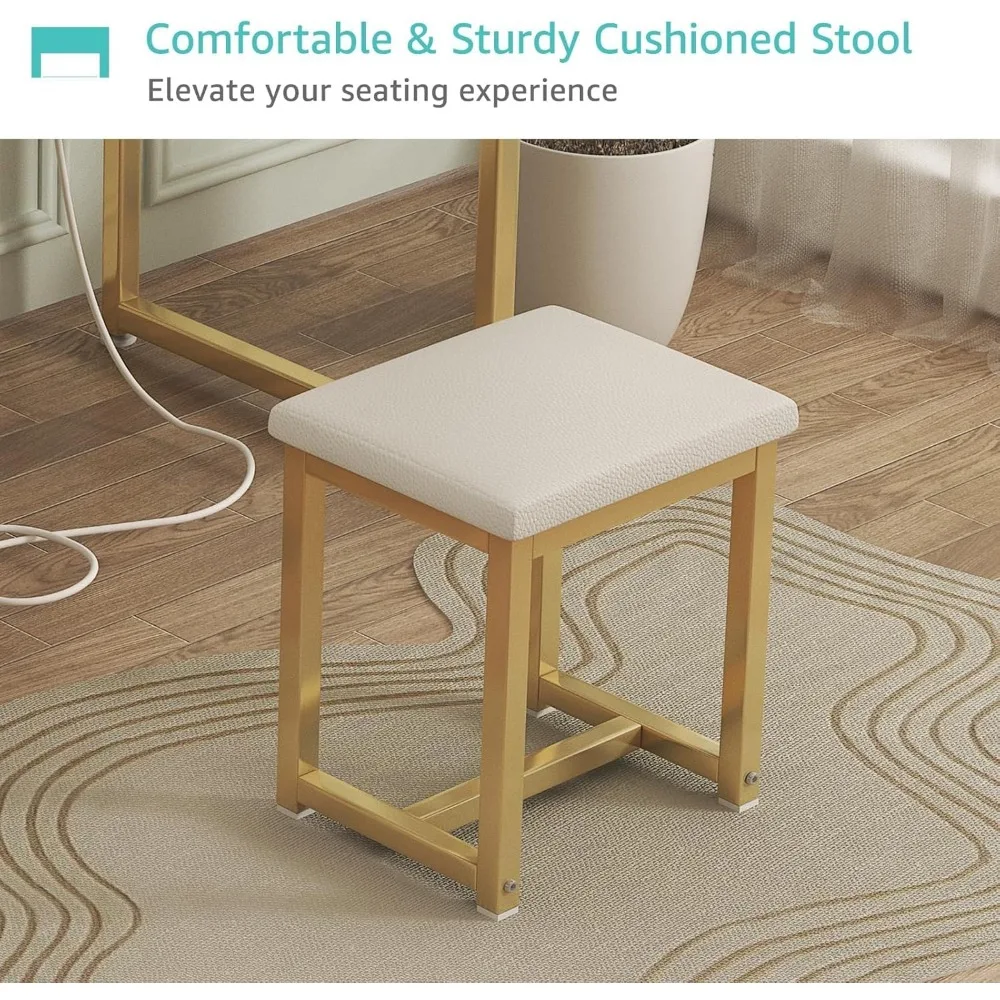 여자아이 침실 화장대용 화이트 화장대 세트(의자, 패브릭 서랍, USB 포트 포함)