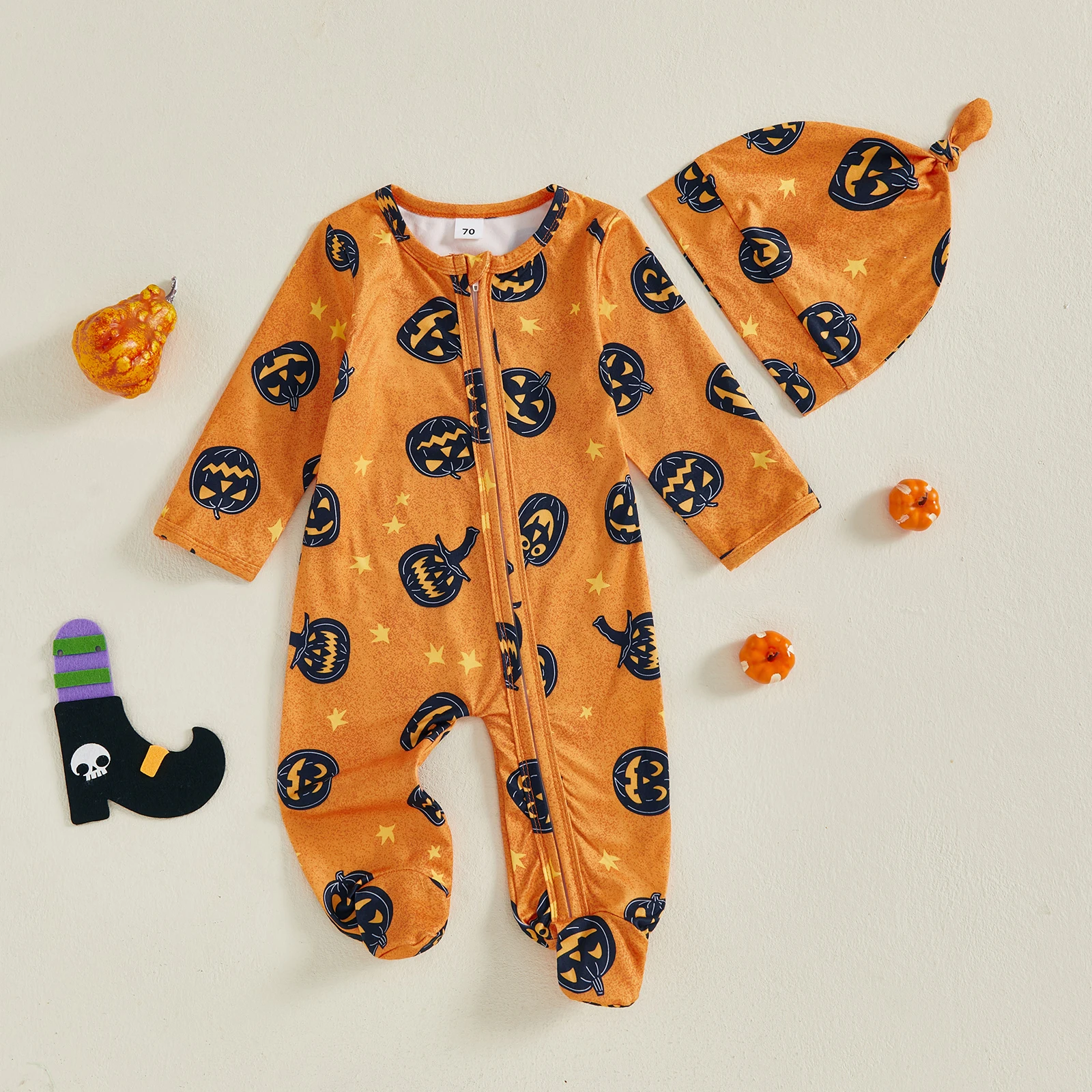 

2025-05-27 Lioraitiin Newborn Boy Halloween Footed Romper Pumpkin Print Long Sleeve Round Neck Zip Jumpsuit with Hat 2Pcs Set