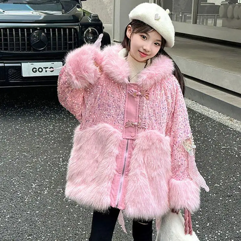 Girls' Fur Jacket Winter Fleece Thickened Foreign Style Imitation Fur Coat Cute Butterfly Decoration Parka Outerwear Winter Warm