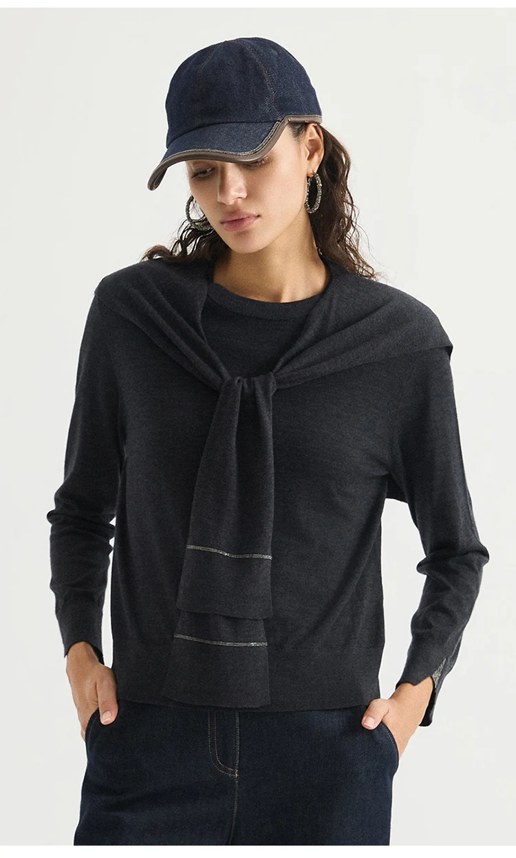 BY3621740 Damen-Pullover mit Rundhalsausschnitt, 100% Wolle, Feinstrick, Langarm, Manschettenschlitz, Kettenabzeichen, entspannte Passform, Bürokleidung, Frühherbst – Detail 10