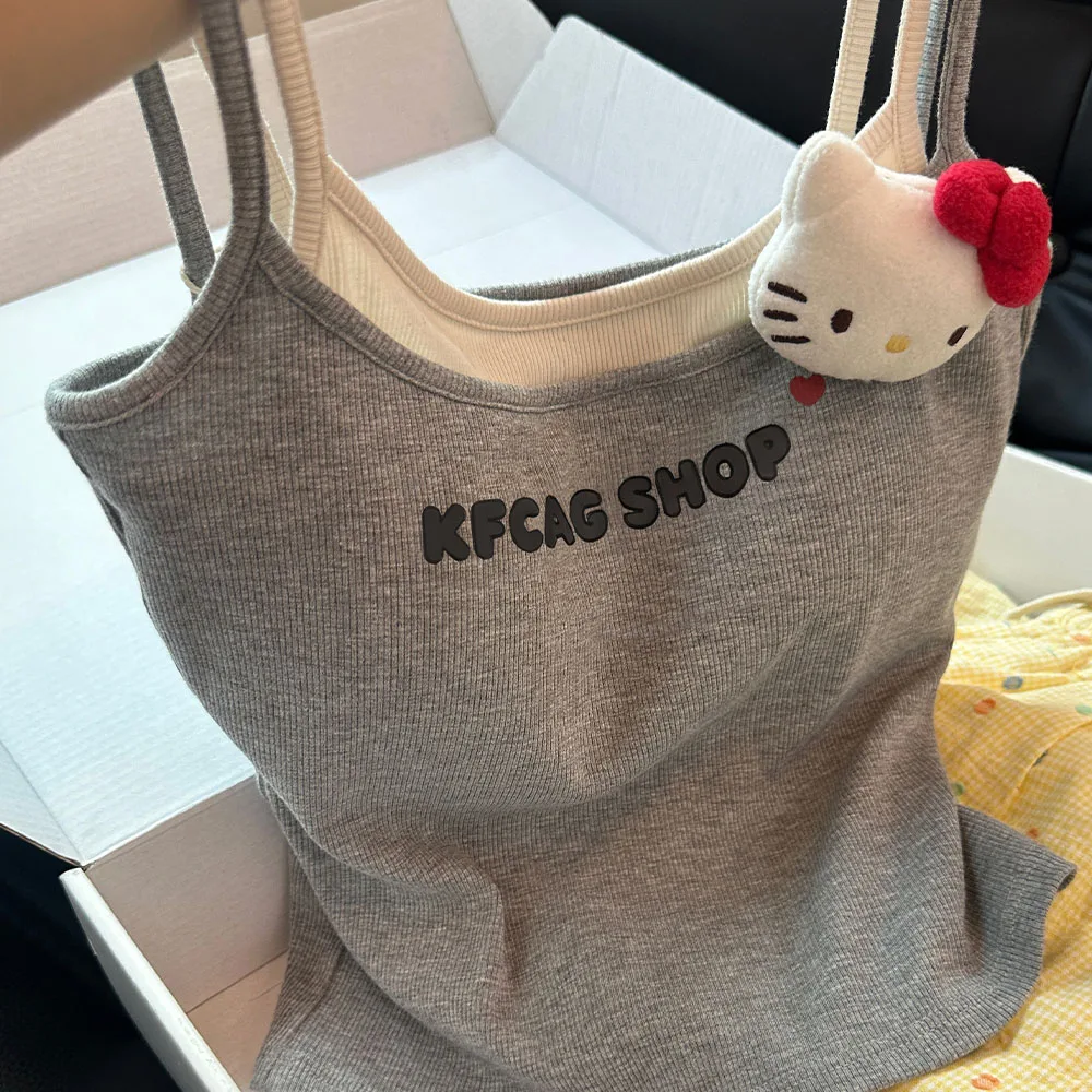 

Hello Kitty Girl Pajamas Set Women Cute Cami Top & Striped Shorts 2 Piece Sleepwear Soft Knit Loungewear Y2K Aesthetic Nightwear