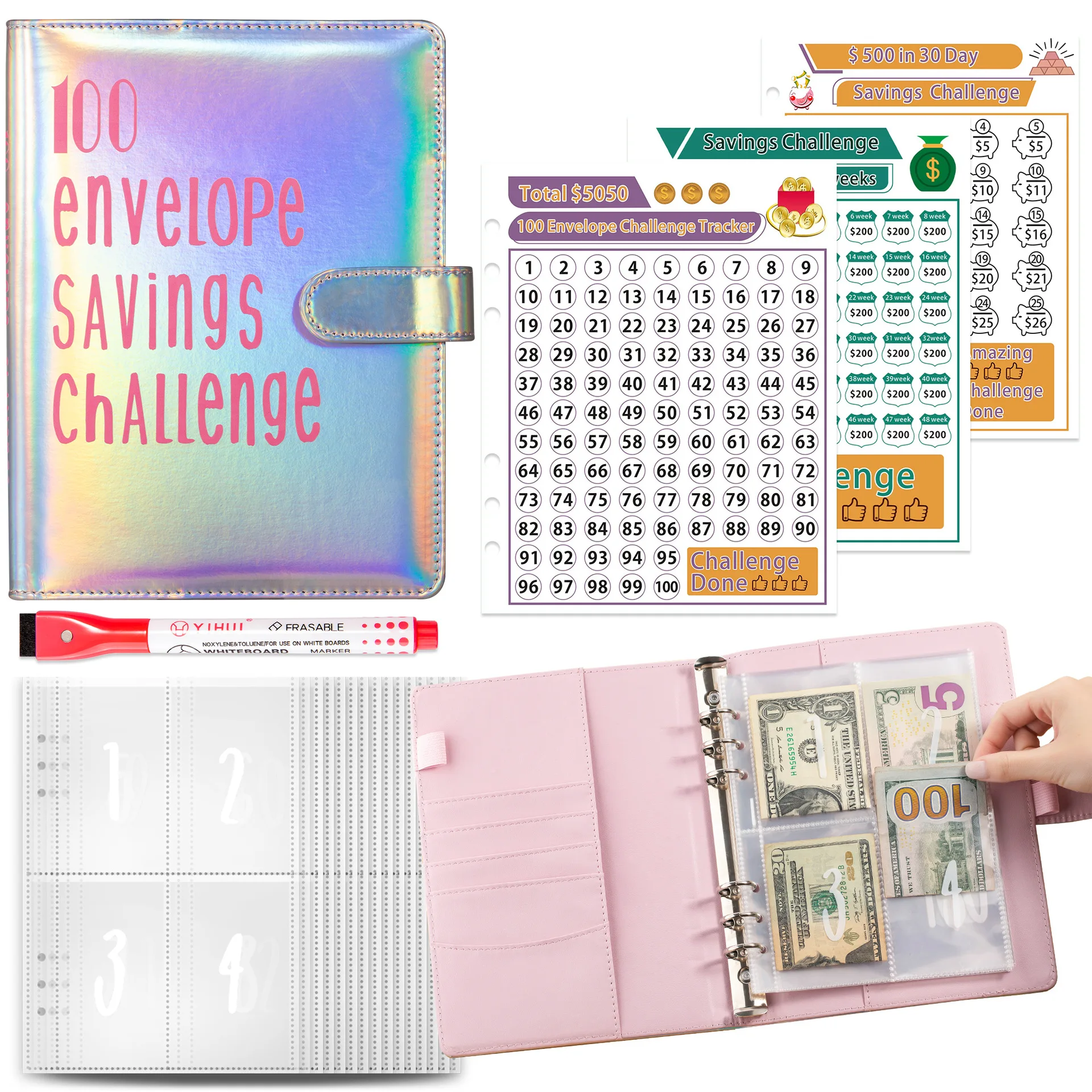 100 Envelope Challenge Binder Easy and Fun Way to Save  Savings Challenges Binder Budget Binder with Cash Envelopes